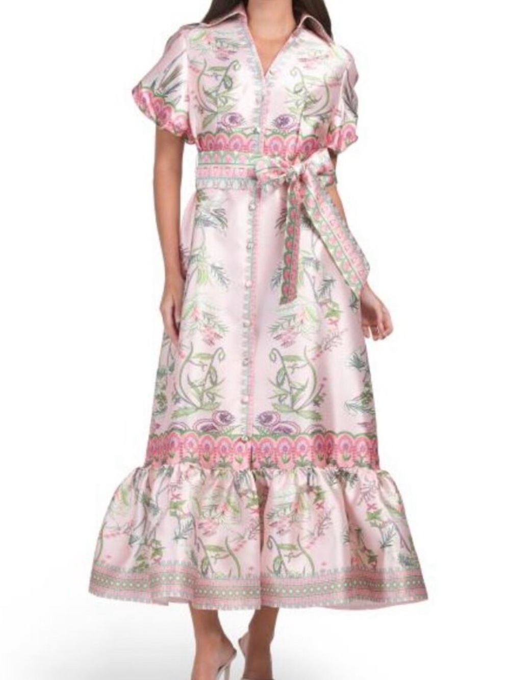 Nancy Yang Mikado Pink Floral Satin Maxi Dress with Tie Waist Puff Sleeves XL